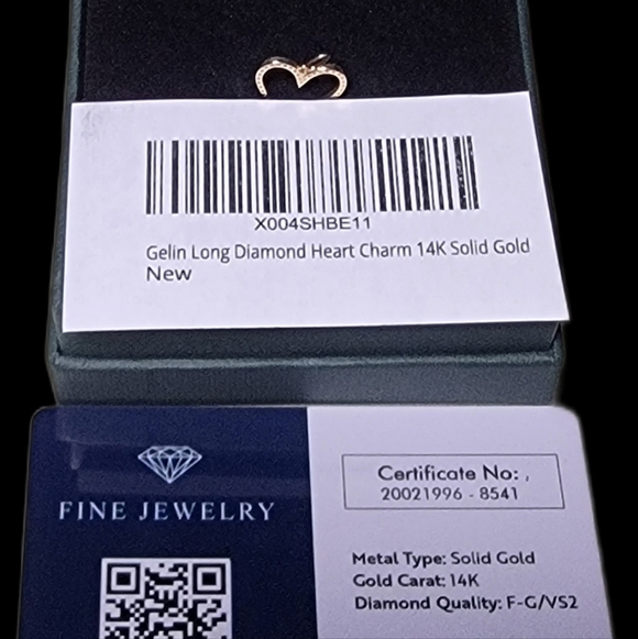 14K Solid Gold Long Diamond Heart Charm Pendant 0.14ct NWT - Picture 6 of 7